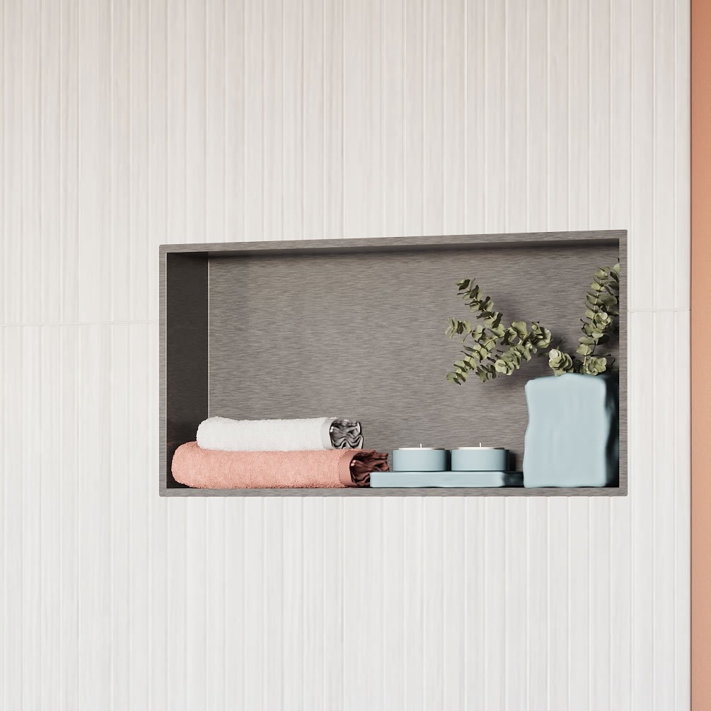 Lifestyle image of Crosswater Brushed Stainless Steel 610 x 305mm Shower Niche